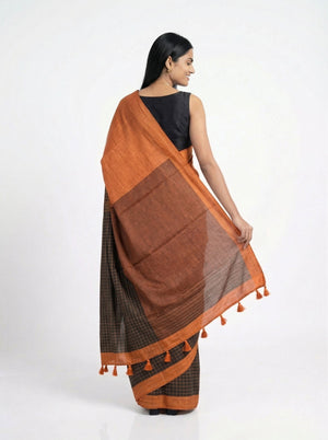 Chanderi Cotton Rust Brown Saree With Black Checked Border