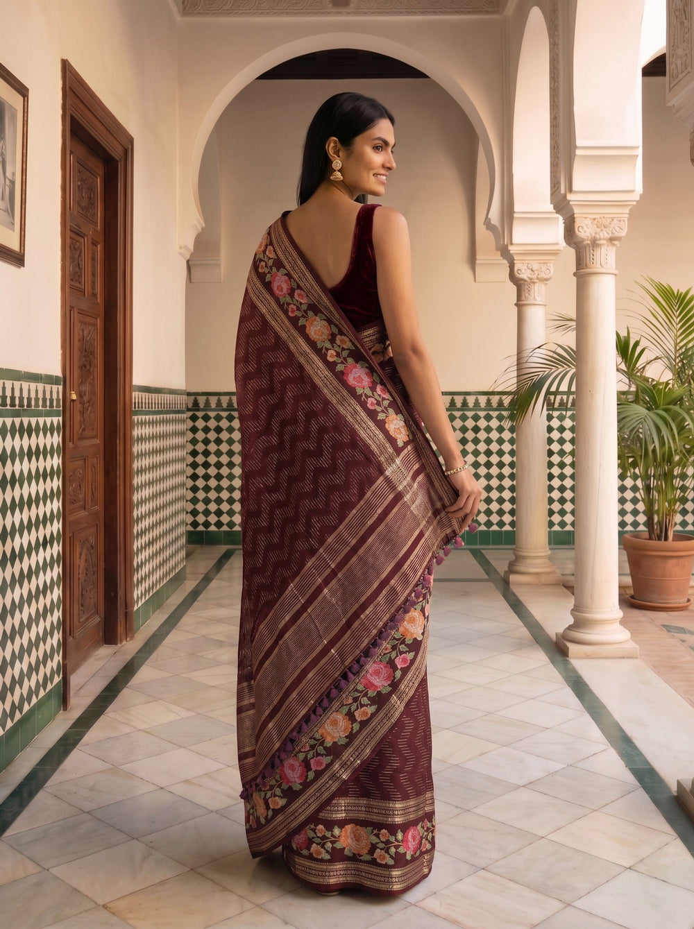 Semi Tussar Deep Wine Floral Embroidery Border Saree
