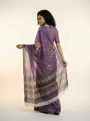 Cotton Violet Floral Printed Saree with Artistic Border Design
