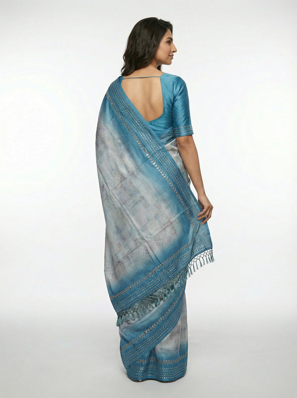 Semi Silk Light Ash Saree with Thread & Sequin Work