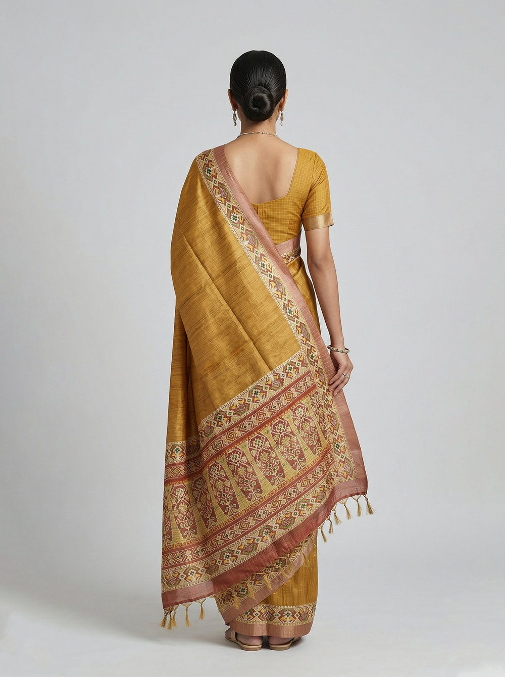 Semi Jute Mustard Yellow Ikat Border Saree