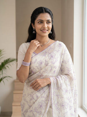 Mul Chanderi White Purple Floral Vine Outline Embroidery Scalloped Border Saree