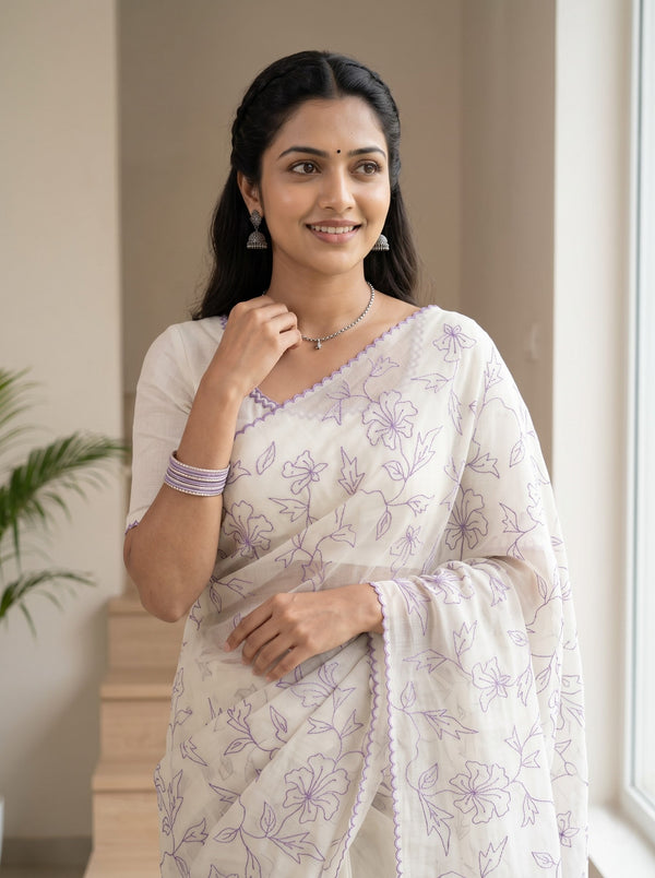 Mul Chanderi White Purple Floral Vine Outline Embroidery Scalloped Border Saree