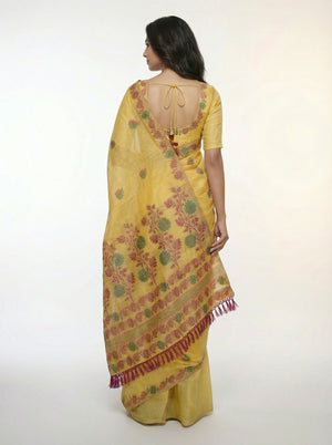 Semi Chanderi Ochre Yellow Traditional Saree with Leaf Pattern Weave