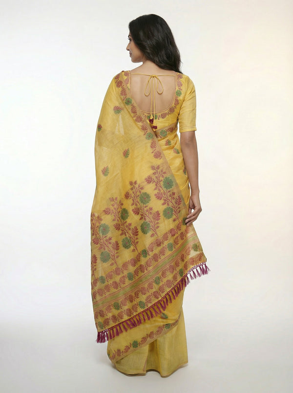 Semi Chanderi Ochre Yellow Traditional Saree with Leaf Pattern Weave