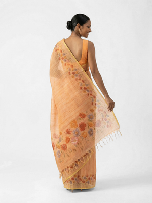 Chanderi Cotton Peach Botanical Print Saree