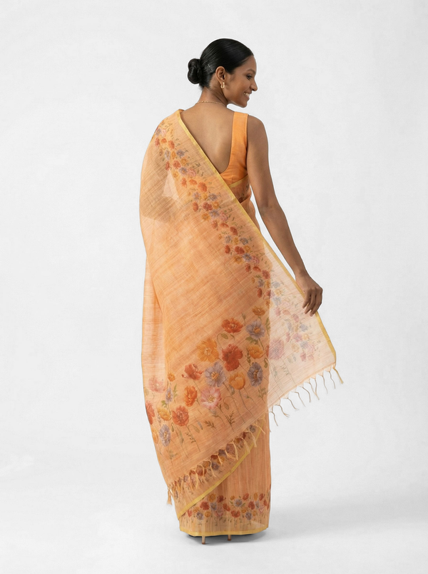 Chanderi Cotton Peach Botanical Print Saree