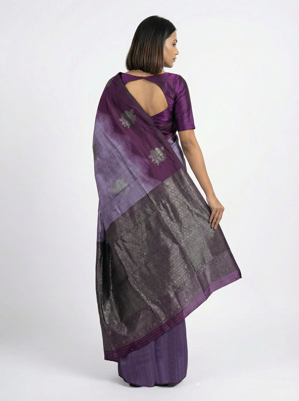 Semi Silk Women’s Lavender Saree with Contrast Wine Blouse