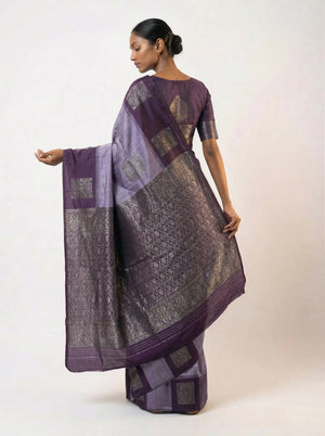 Art Silk Soft Lavender Saree with Rich Purple Contrast and Square Motifs