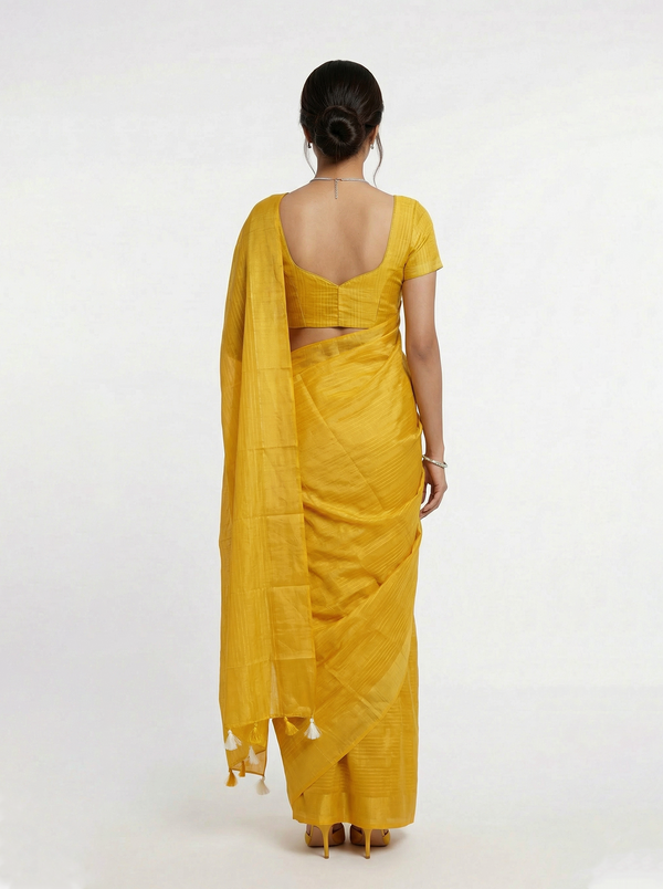 Semi Silk Bright Yellow Self Stripe Saree