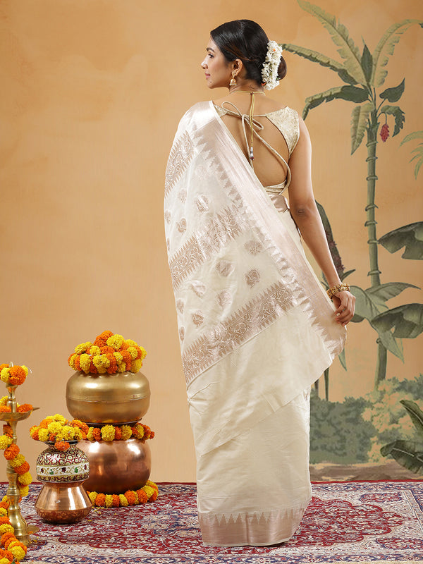 Off White Color Cotton Set Saree With Rose Gold Lotus Floral Buttas And Temple Border