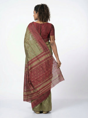 Semi Silk Elegant Moss Green Saree with Maroon Temple Butta Blouse