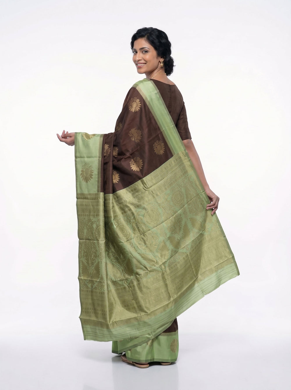 Semi Silk Brown and Sage Green Zari Woven Saree with Floral Butta