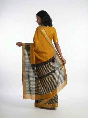 Cotton Mustard Saree with Contrast Stripe Pattern Border