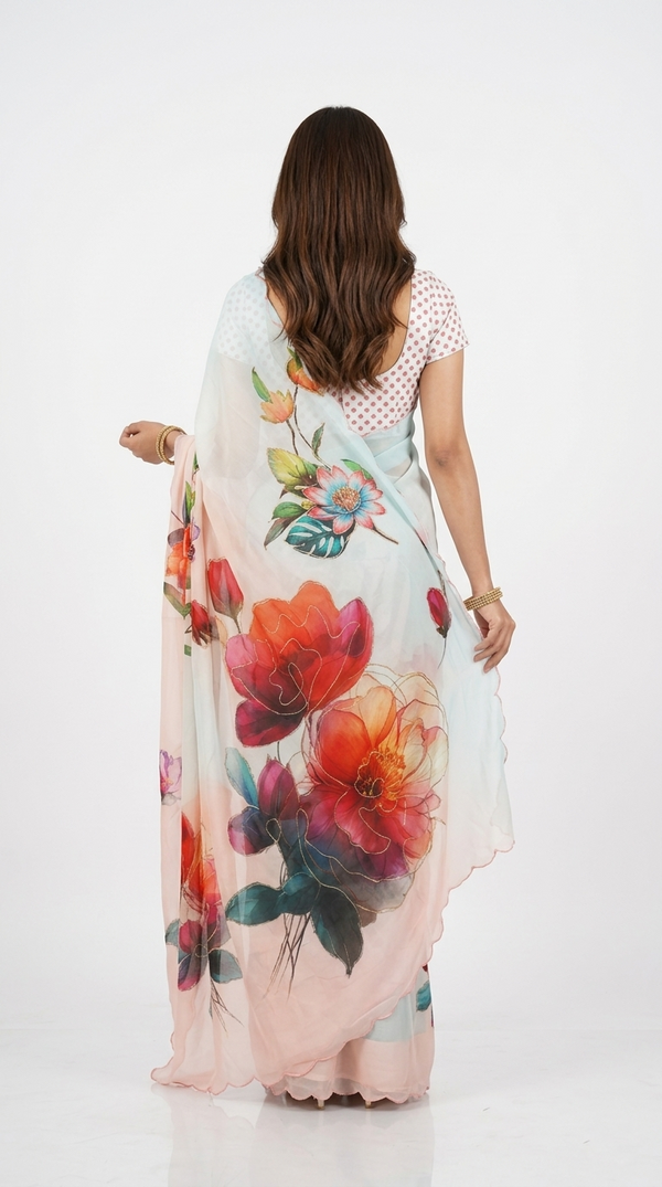 Chiffon Pastel Mint Pink Floral Printed Designer Saree