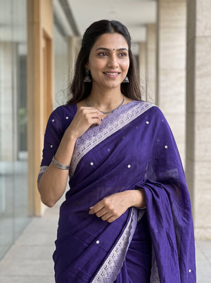 Chanderi Cotton Purple Sequin Dot Floral Lace Border Saree