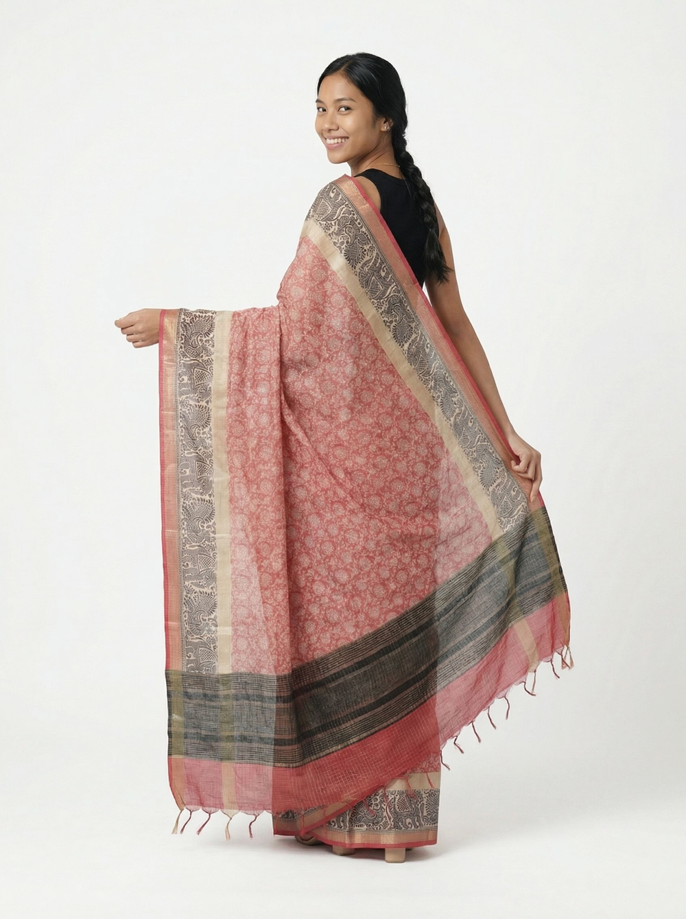 Chanderi Cotton Pink And Black Printed Saree