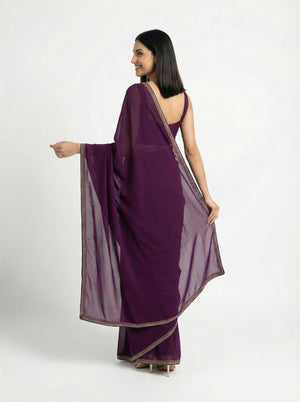 Organza Dark Wine Plain Saree with Minimal Adorned Border