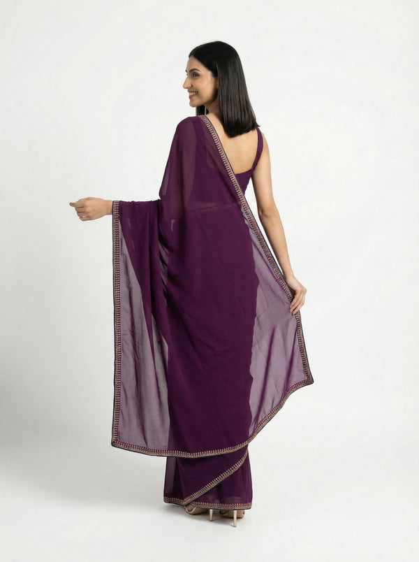 Organza Dark Wine Plain Saree with Minimal Adorned Border