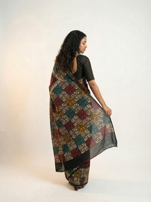 Cotton Maroon Printed Saree with Traditional Batik and Designer Border