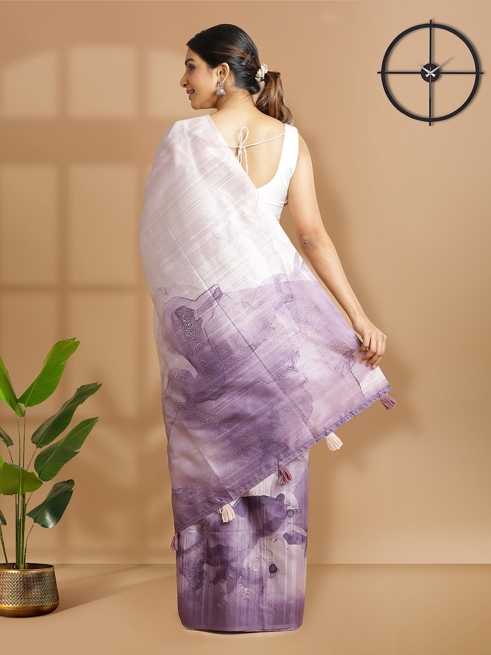 Lavender And Light Rose Color Semi Tusser Saree With Self Stripes And Print Design Over Body