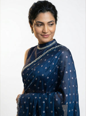 Shimmer Organza Navy Blue Polka Dot Designer Saree with Detailed Border
