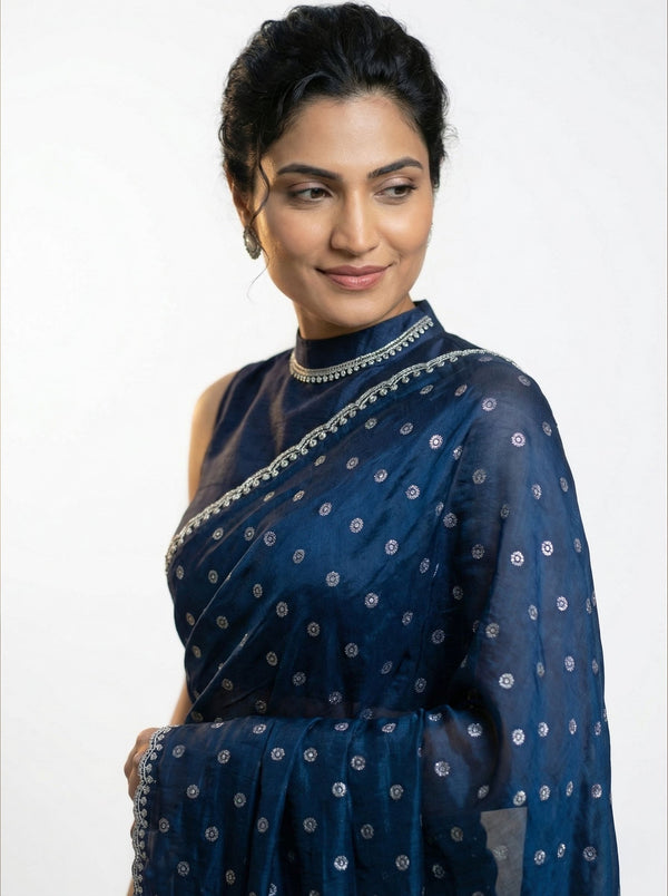 Shimmer Organza Navy Blue Polka Dot Designer Saree with Detailed Border
