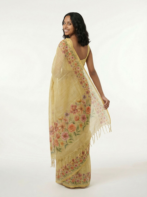 Chanderi Cotton Mustard Floral Border Saree
