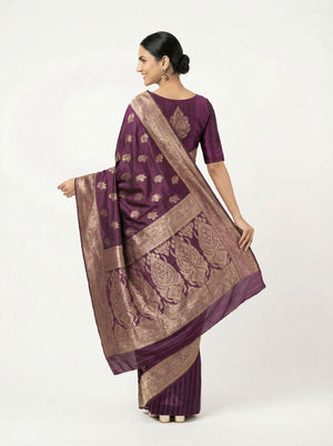 Art Silk Deep Purple Zari Woven Saree with Floral Butta