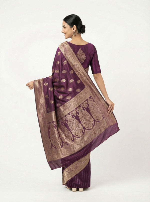 Art Silk Deep Purple Zari Woven Saree with Floral Butta