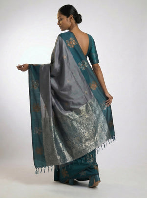Art Silk Dark Grey Floral Design Saree with Contrast Border