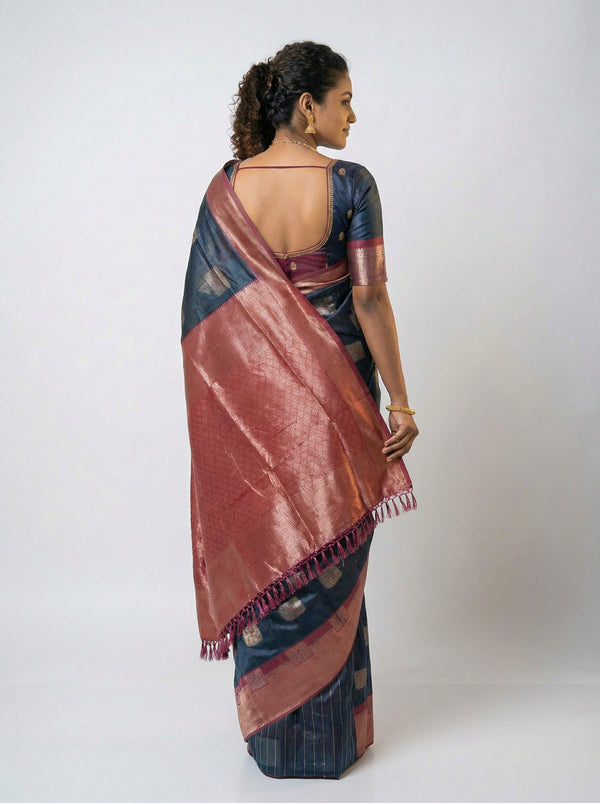Chanderi Silk Premium Peacock Blue Saree with Geometric Square Motifs