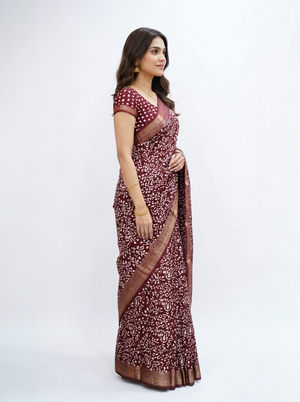 Chanderi Cotton Maroon Printed Saree with Zari Border