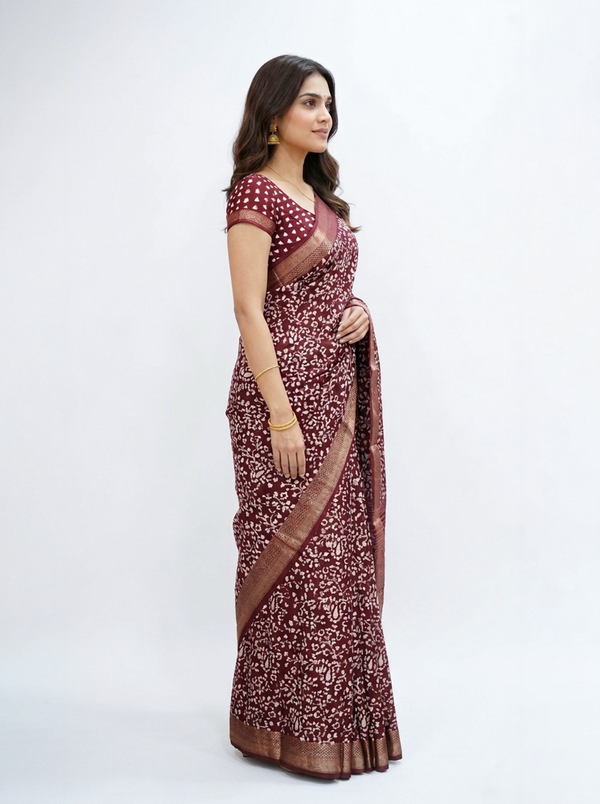Chanderi Cotton Maroon Printed Saree with Zari Border
