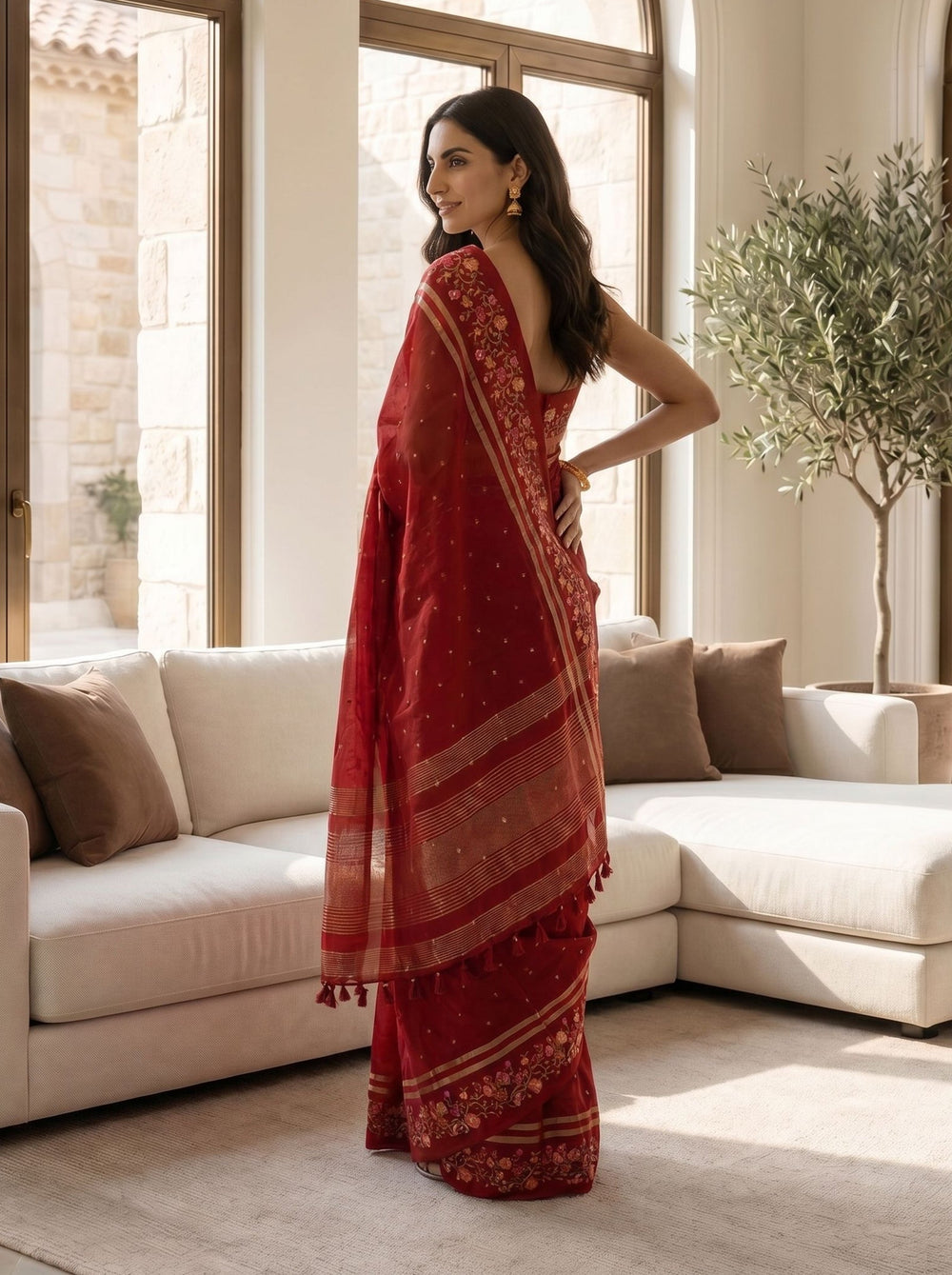Semi Tussar Crimson Red Floral Embroidery Border Saree