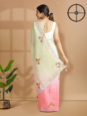 Peach And Pista Green Double Shade Floral Painted With Metalic Glue Designed Georgette Saree