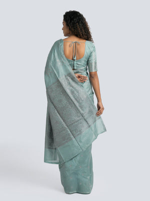 Semi Silk Women’s Pastel Sea Blue Saree with Spread Butta Motifs