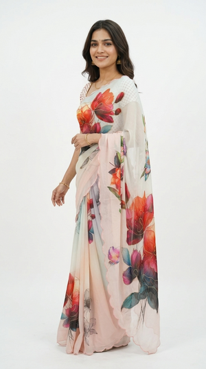 Chiffon Pastel Mint Pink Floral Printed Designer Saree