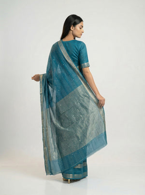 Cotton Peacock Blue Saree with Fine Zari Stripes and Rich Border