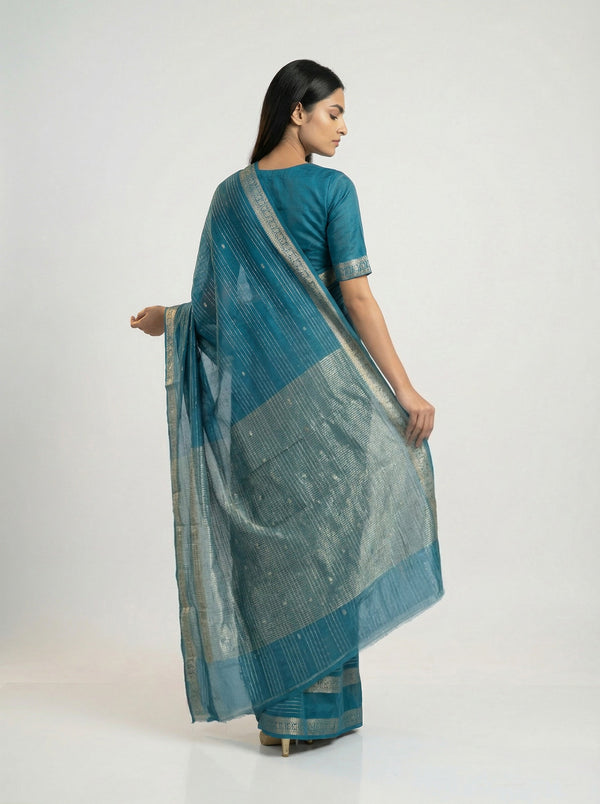 Cotton Peacock Blue Saree with Fine Zari Stripes and Rich Border