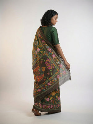 Cotton Green Multicolor Floral Design Saree with Rich Border