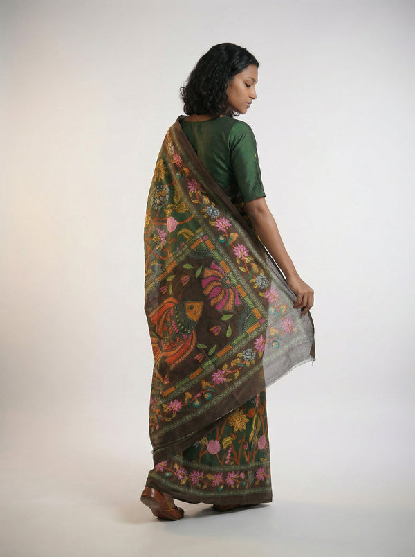 Cotton Green Multicolor Floral Design Saree with Rich Border