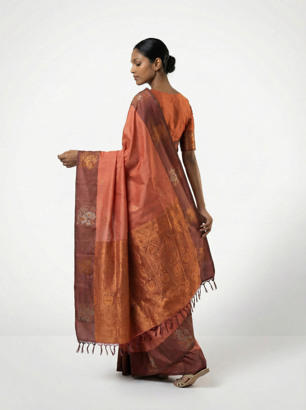 Art Silk Rust Orange Floral Butta Printed Saree with Contrast Border