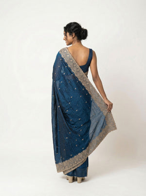 Vijithra Silk Navy Blue Zari Embroidered Designer Saree