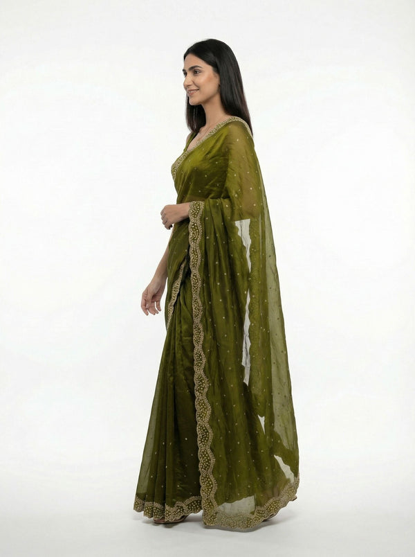 Organza Olive Green Small Stone Scalloped Border Designer Saree