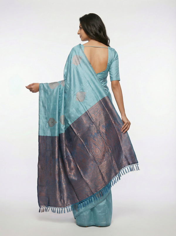 Semi Silk Women’s Pastel Sea Blue Saree with Self Paisley Motifs