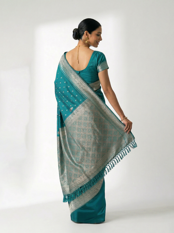 Semi Silk Peacock Green Small Butta Design Saree
