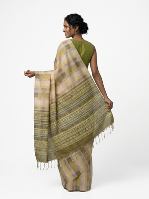 Chanderi Cotton Olive Beige Checked Saree