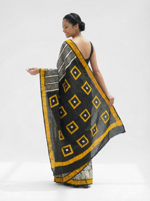 Chanderi Cotton Black White Striped Batik Saree