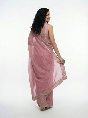 Shimmer Organza Baby Pink Designer Saree with Micro Dot Work and Heavy Embroidered Border